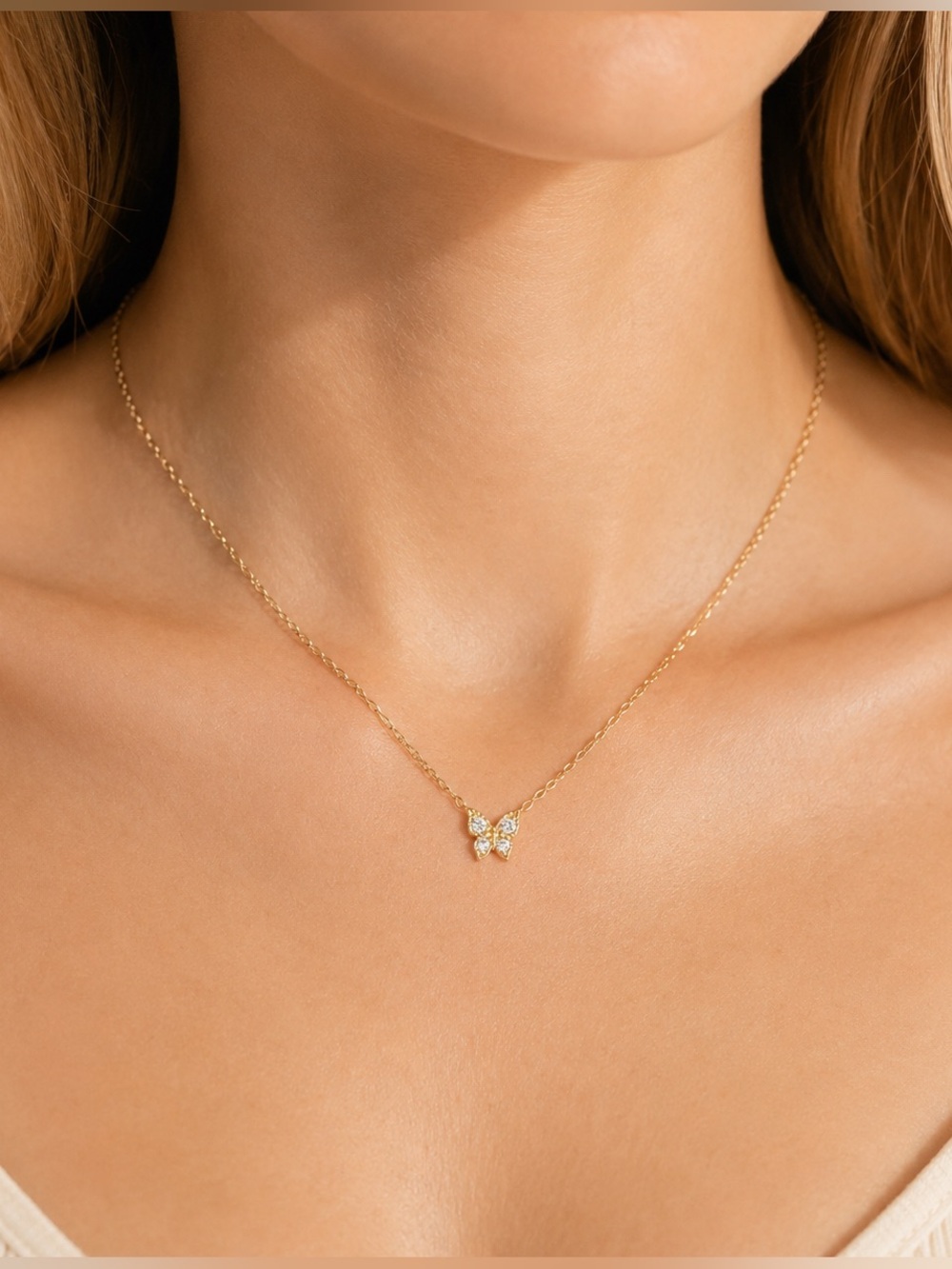 A506 14K Gold Dipped Stainless w CZ Tiny Butterfly Pendant Necklace